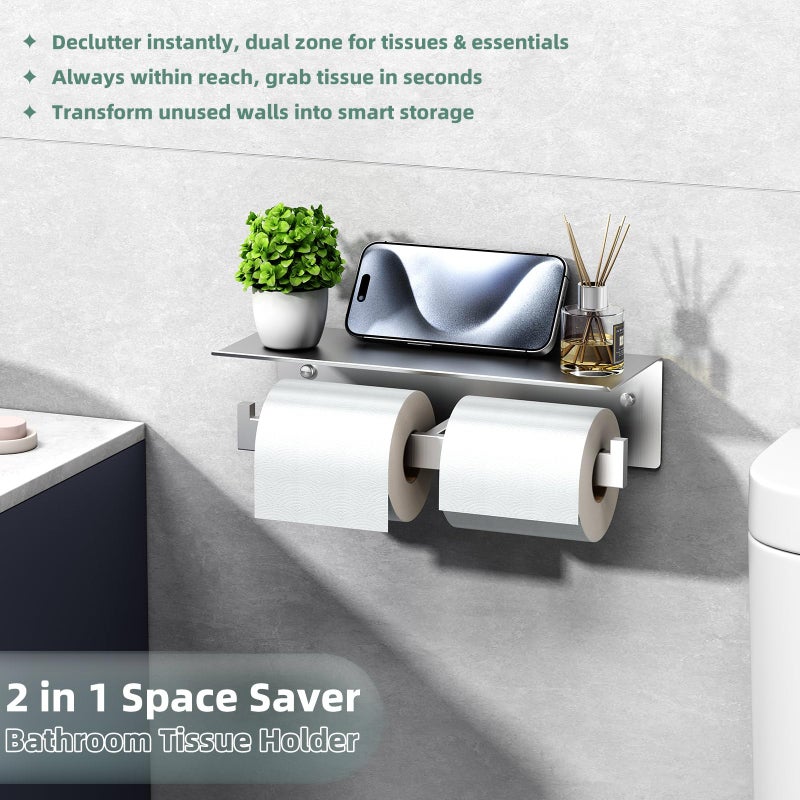 APLusee Double Toilet Paper Holder with Shelf, 304 Stainless Steel Brushed Nickel Bathroom Tissue Holder, Commercial Paper Roll Dispenser Wall Mounted - Image 2